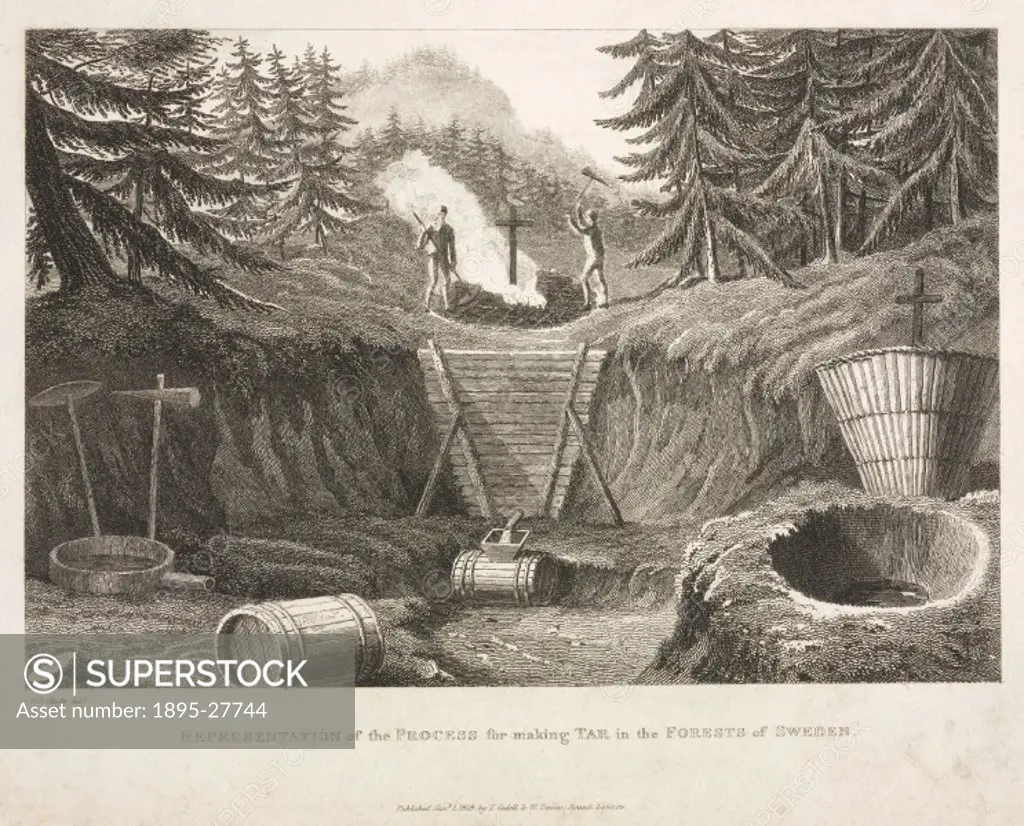 Engraving by E D Clarke of men making tar from pine trees in a Swedish forest, with barrels and tools in the foreground. Primarily used to preserve th...