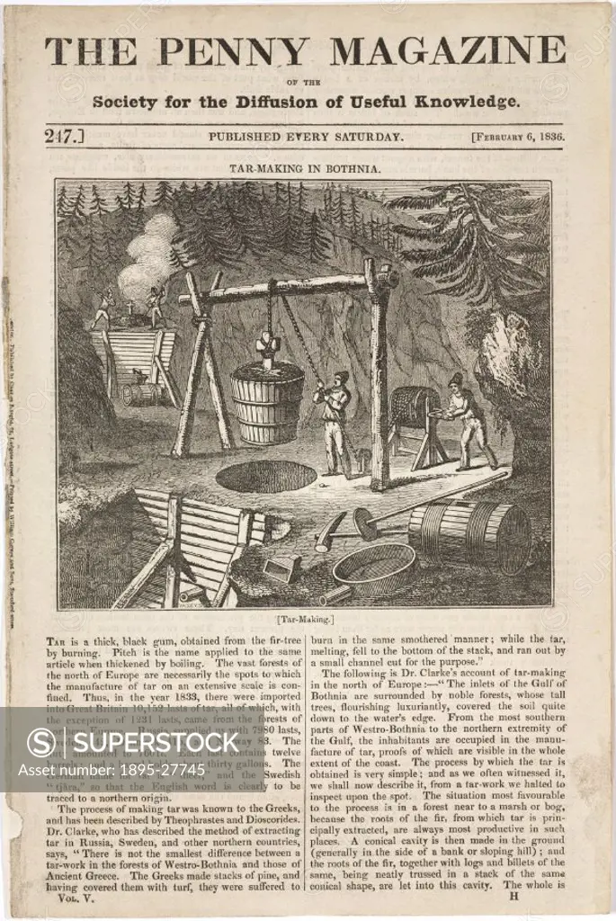 Print of a wood engraving from The Penny Magazine’ with accompanying text. The print shows men working in the forests of northern Europe to produce t...