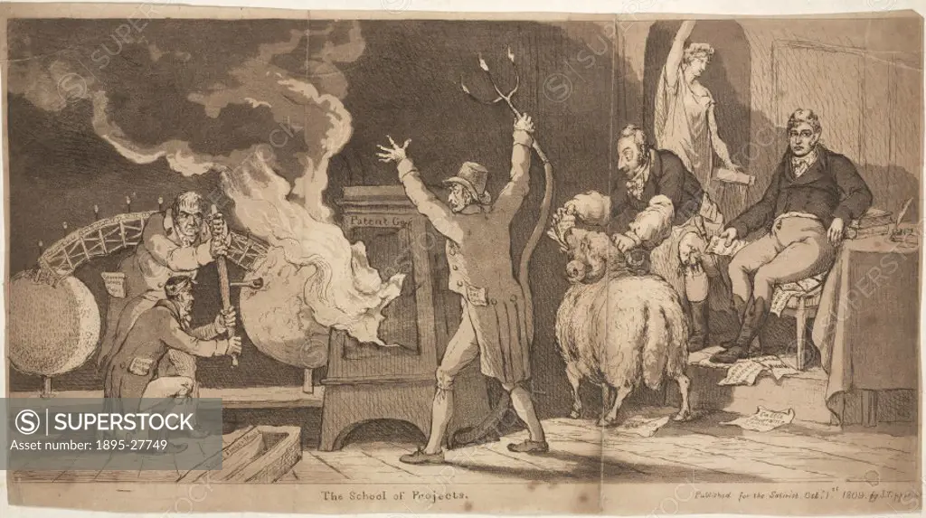Etching and aquatint by S Tipper for The Satirist´, satirising the flotation of joint stock companies, reflected in three visually parallel projects....