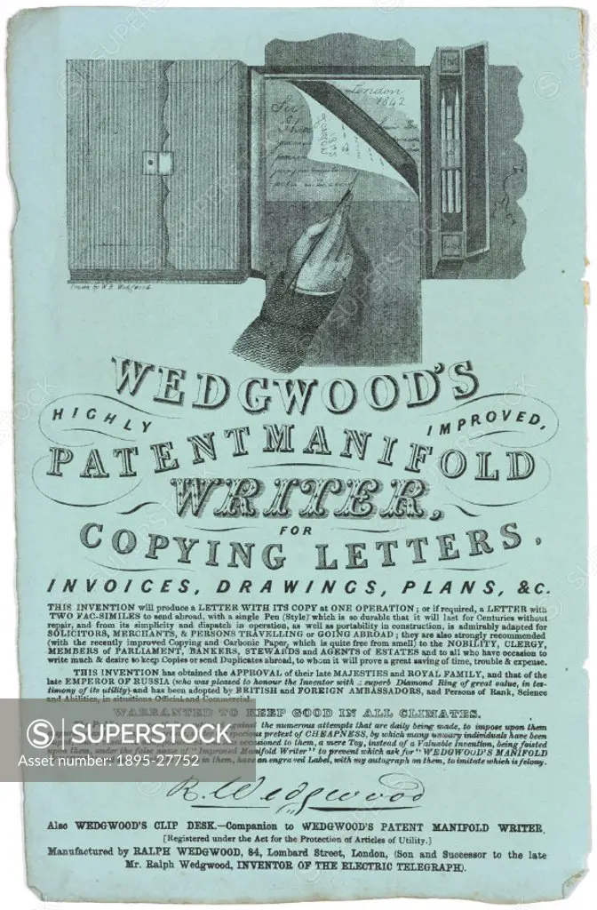 Wedgwoods ‘Patent Manifold Writer for copying letters, 1834. The instrument, similarly to the noctograph, produces copies of letters while they ar...