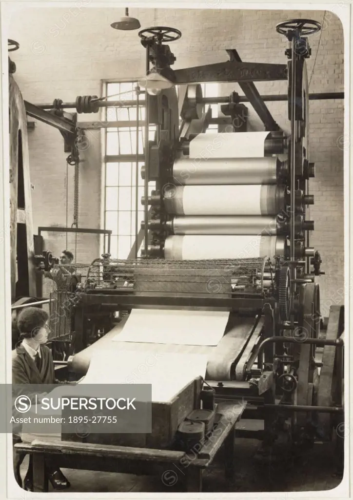 Rolls of paper in the beater room, production of paper, 1936-42. One of a series of 16 photographs taken of the processes and machinery involved in pa...