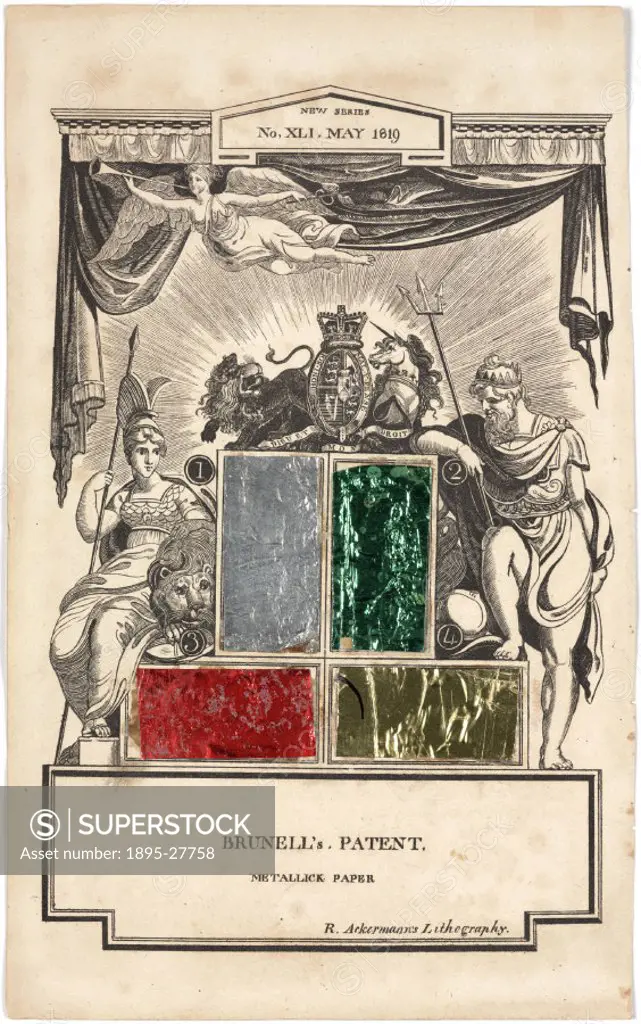 Brunell´s Patent Metallick Paper’, May 1819. Handbill lithographed by R Ackermann, with samples of silver, green, red and gold metallic paper. The sa...