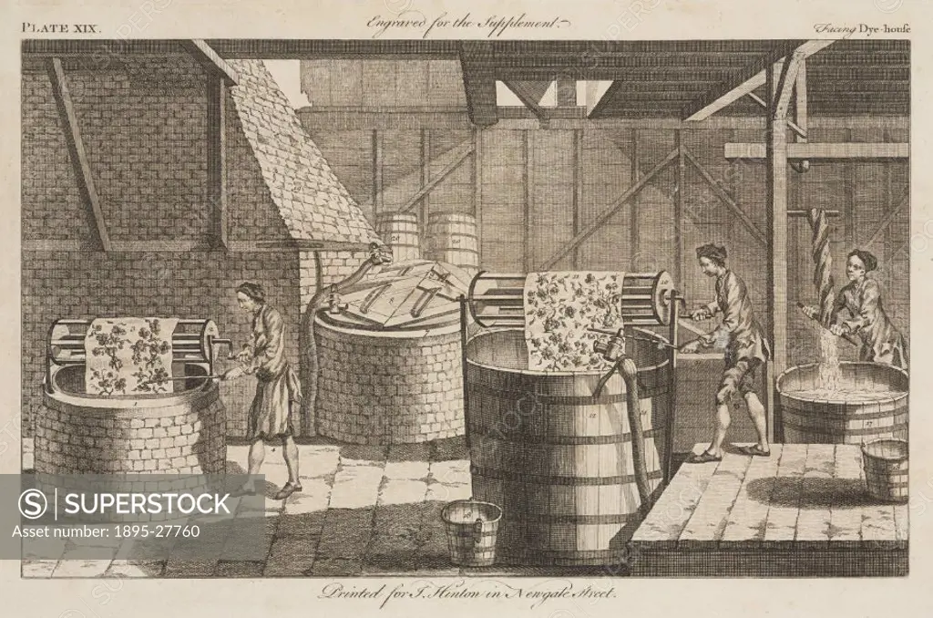Engraved plate from the New and Universal Dictionary of Arts and Sciences’, by J Barrow, published in London in 1754. The illustration shows workers ...