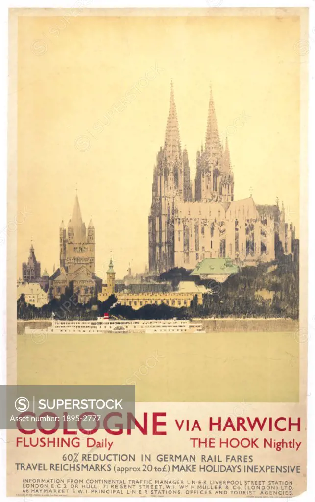 Poster produced for London & North Eastern Railway (LNER) to promote rail and sea services to Cologne, Germany via Harwich, Essex and the Hook of Holl...