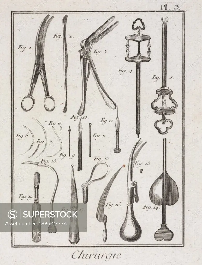 Plate three, entitled ´Chirurgie´, (Surgery), showing surgical instruments including suture needles, forceps and blades from the 1780 quarto edition o...