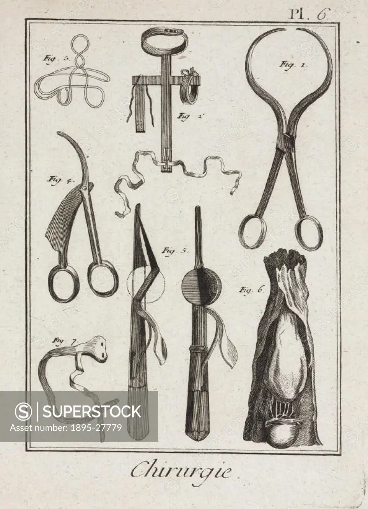 Plate six, entitled ´Chirurgie´, (Surgery), showing surgical instruments from the 1780 quarto edition of ´La Grande Encyclopedie, ou Dictionnaire Rais...
