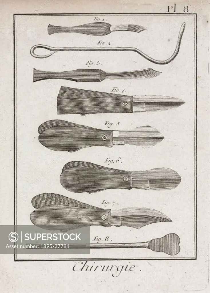 Plate 8 entitled ´Chirurgie´, (Surgery), showing surgical instruments from the 1780 quarto edition of ´La Grande Encyclopedie, ou Dictionnaire Raisonn...