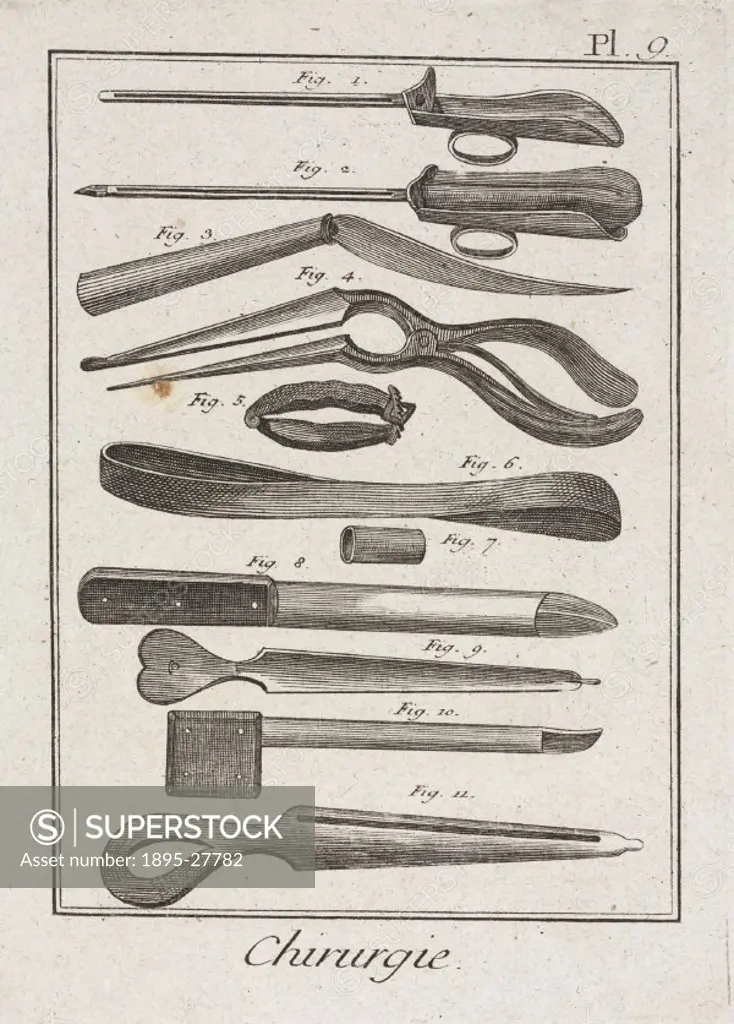 Plate 9 entitled ´Chirurgie´, (Surgery), showing surgical instruments from the 1780 quarto edition of ´La Grande Encyclopedie, ou Dictionnaire Raisonn...