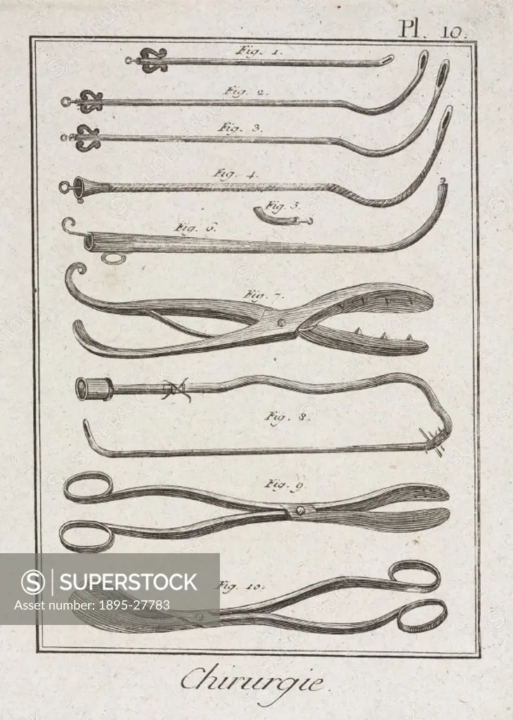 Plate 10 entitled ´Chirurgie´, (Surgery), showing surgical instruments from the 1780 quarto edition of ´La Grande Encyclopedie, ou Dictionnaire Raison...