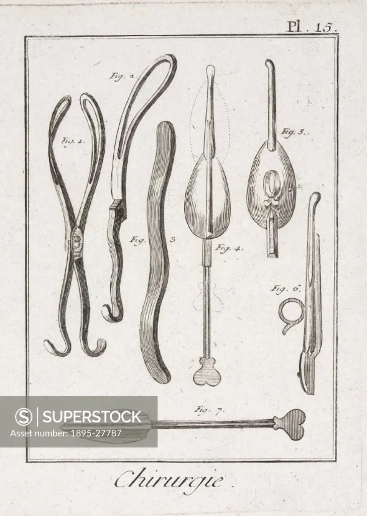 Plate 15 entitled Chirurgie’ (Surgery), showing surgical instruments from the 1780 quarto edition of ´La Grande Encyclopedie, ou Dictionnaire Raisonn...