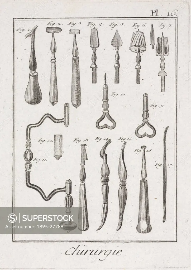 Plate 16 entitled Chirurgie’ (Surgery), showing surgical instruments for trepanning, from the 1780 quarto edition of ´La Grande Encyclopedie, ou Dict...