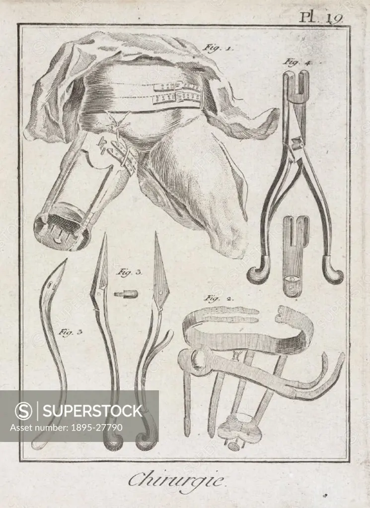 Plate 19 entitled ´Chirurgie´, (Surgery), showing the fittings for a prosthetic limb, from the 1780 quarto edition of ´La Grande Encyclopedie, ou Dict...