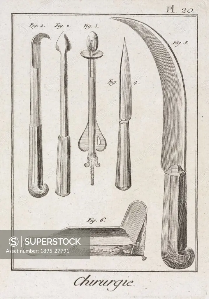 Plate 20 entitled Chirurgie’ (Surgery), showing surgical instruments from the 1780 quarto edition of ´La Grande Encyclopedie, ou Dictionnaire Raisonn...
