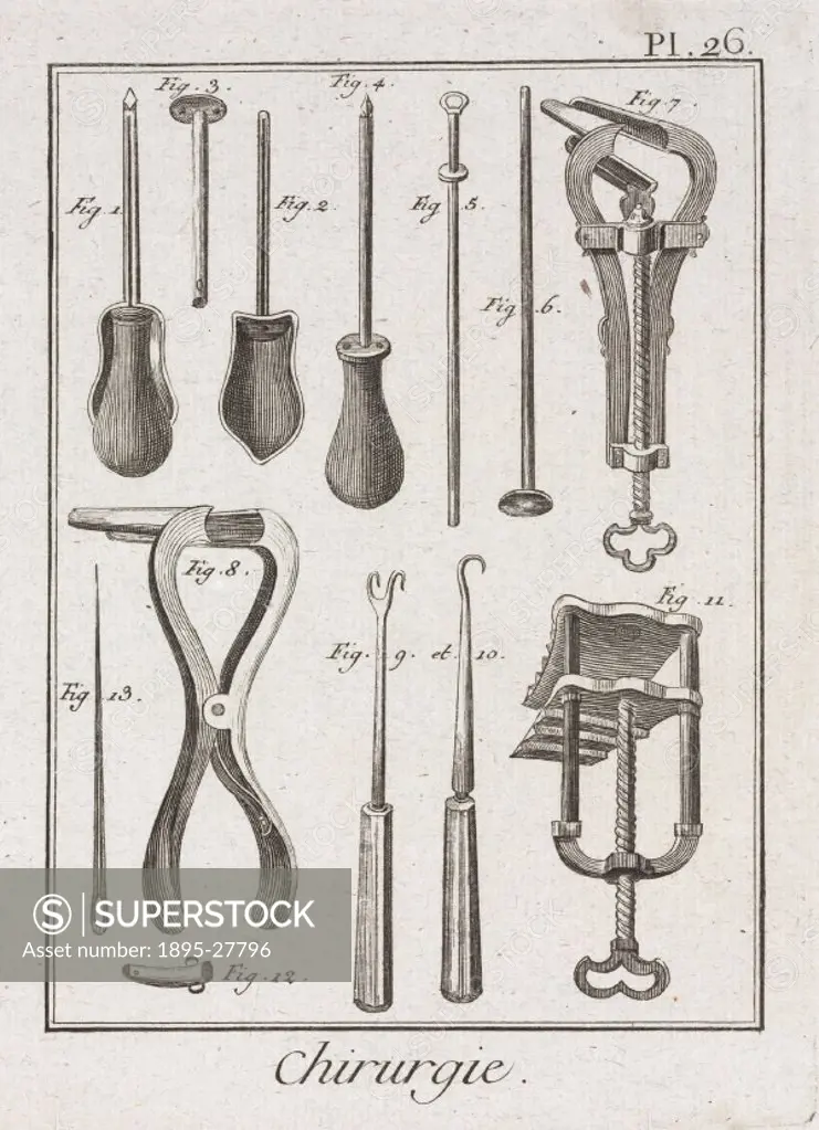 Plate 26 entitled Chirurgie’ (Surgery), showing surgical instruments from the 1780 quarto edition of ´La Grande Encyclopedie, ou Dictionnaire Raisonn...
