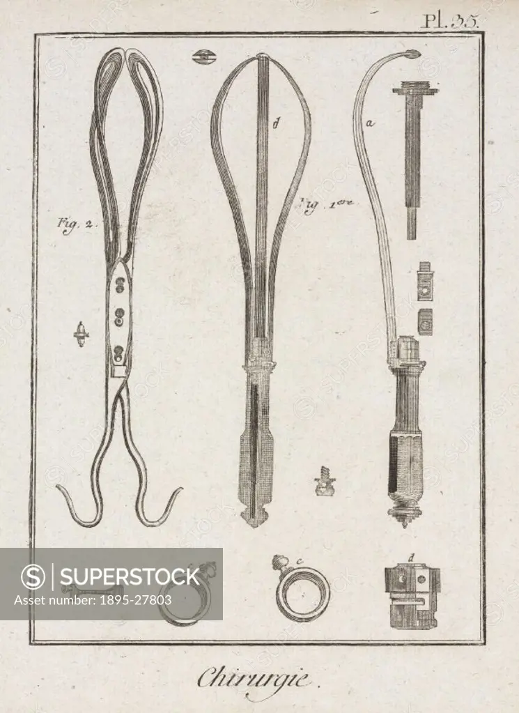 Plate 35 entitled Chirurgie’ (Surgery), showing surgical instruments from the 1780 quarto edition of ´La Grande Encyclopedie, ou Dictionnaire Raisonn...