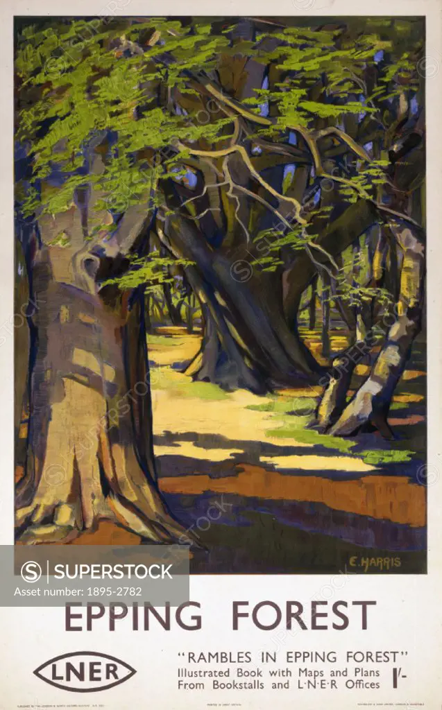 Poster produced for the London & North Eastern Railway (LNER) to promote rail travel to Epping Forest in Essex. Artwork by E Harris.