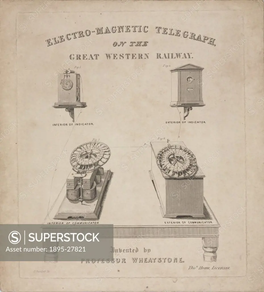 Engraved handbill by G Bartlett showing diagrams of the interior and exterior indicator and communicator for the electro-magnetic telegraph invented b...