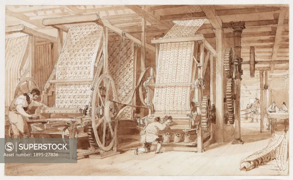 One of five drawings in pencil, pen and wash by Thomas Allom. This interior view of the mill shows workers printing calico. Cotton was spun and woven ...
