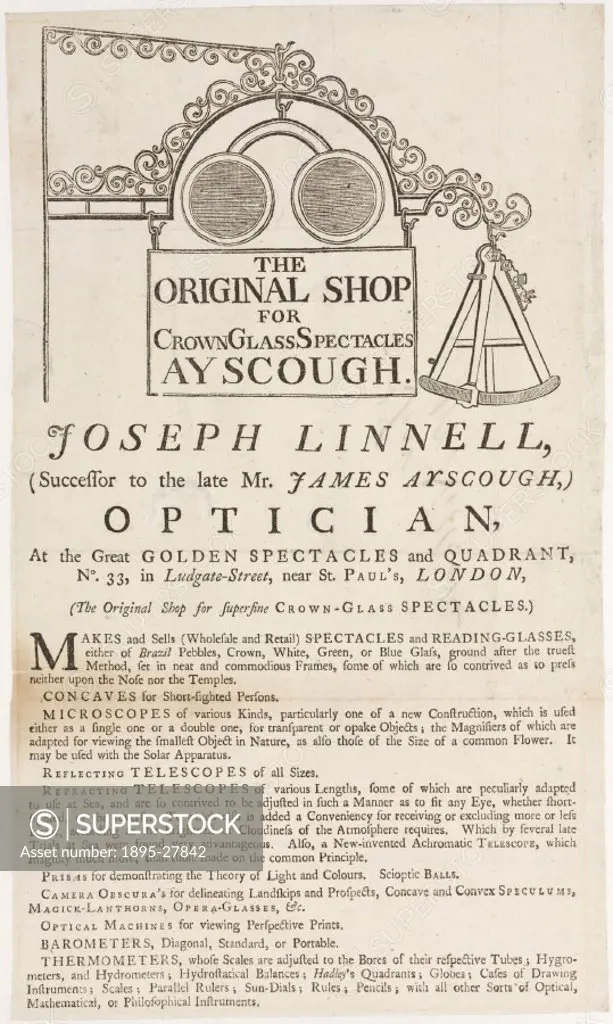 The top half of the trade card shows a pair of spectacles and instruments, next to text reading The Original Shop for Crown Glass Spectacles’. Joseph...