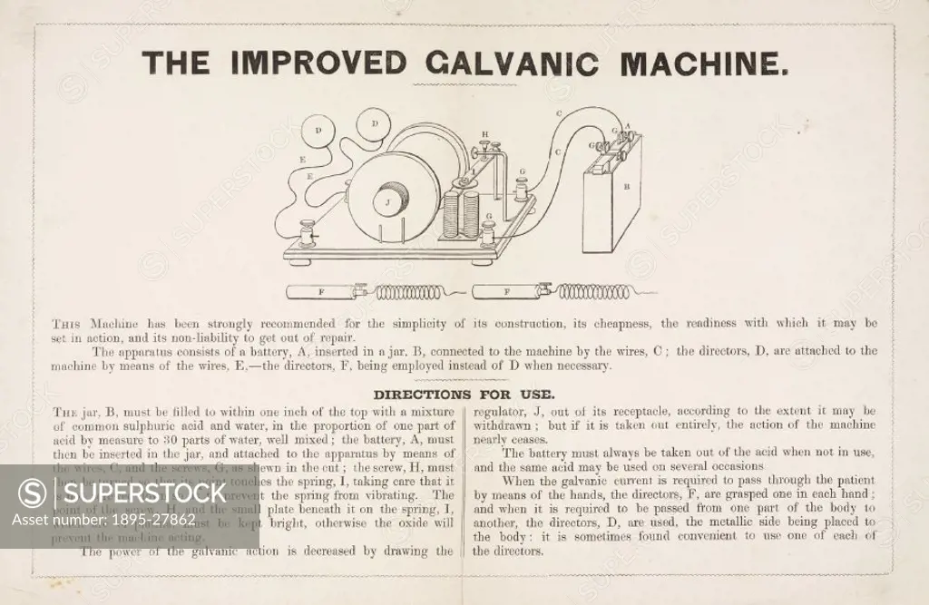Text and diagram explaining how to use The Improved Galvanic Machine’. Luigi Galvani (1737-1798) discovered ´animal electricity´ in the late 18th cen...