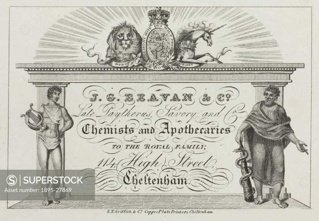 Copper plate engraving printed by S Y Griffith & Co. J G Beaven & Co were based at 114 High Street, Cheltenham at the appointment of the royal family.