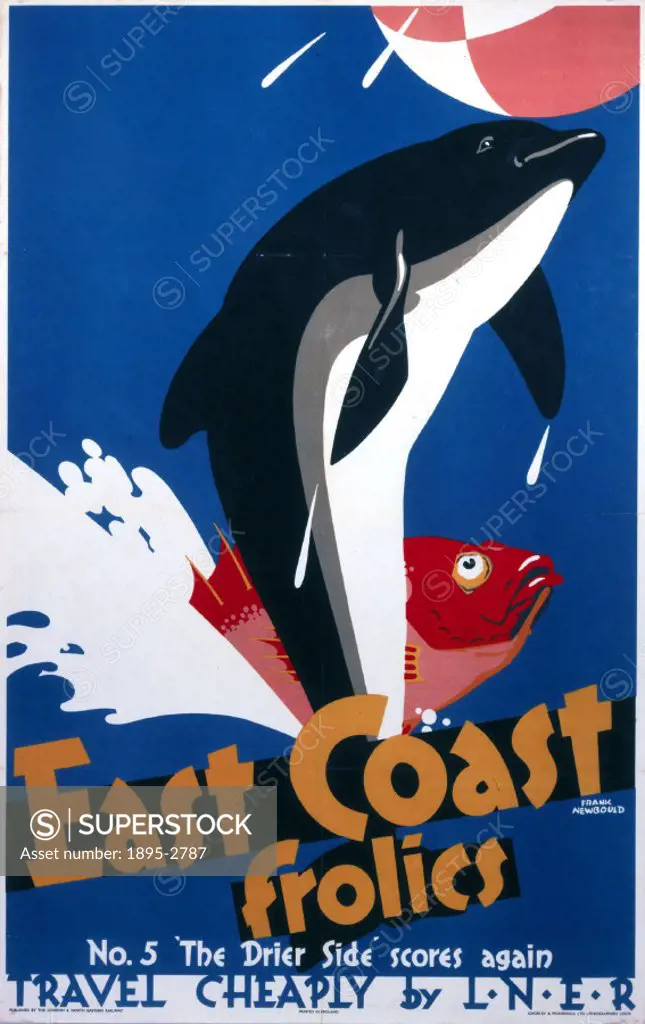 Poster produced for the London & North Eastern Railway (LNER) to promote rail travel to the East Coast of England. The poster shows a dolphin heading ...