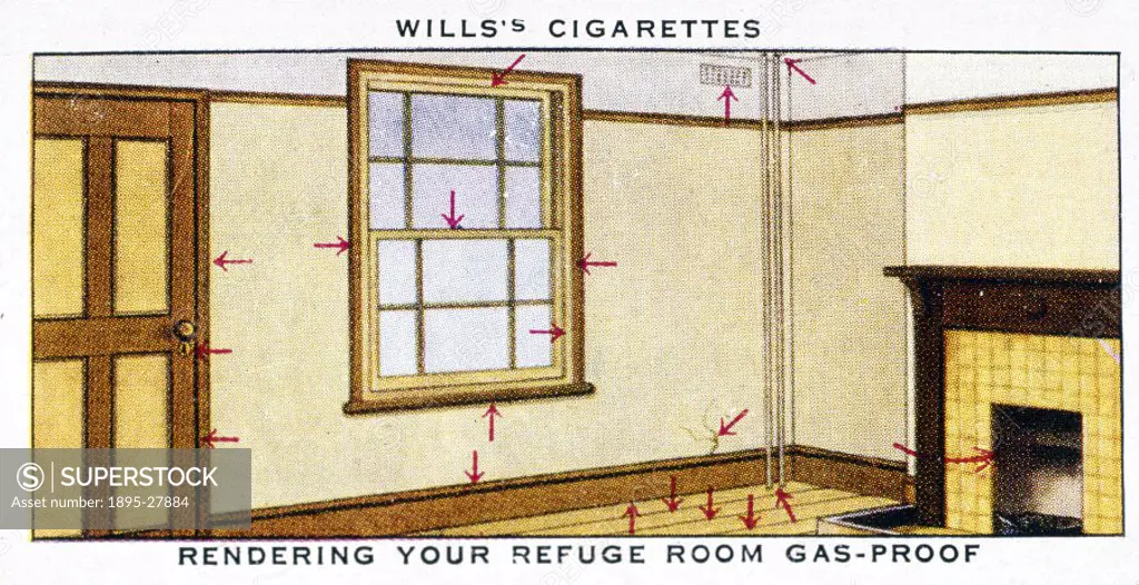 One of a series of Air Raid Precautions’ cards. Arrows indicate all the spaces where gas could seep into a room, through gaps in window and door fram...