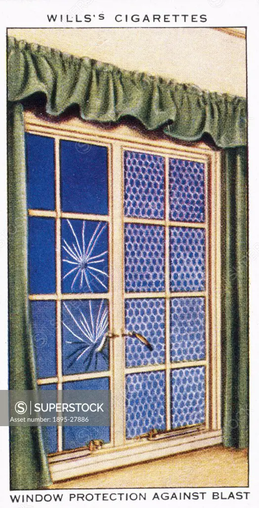 One of a series of Air Raid Precautions’ cards. This one illustrates an uncovered window glass being shattered by the force of a bomb blast and how t...