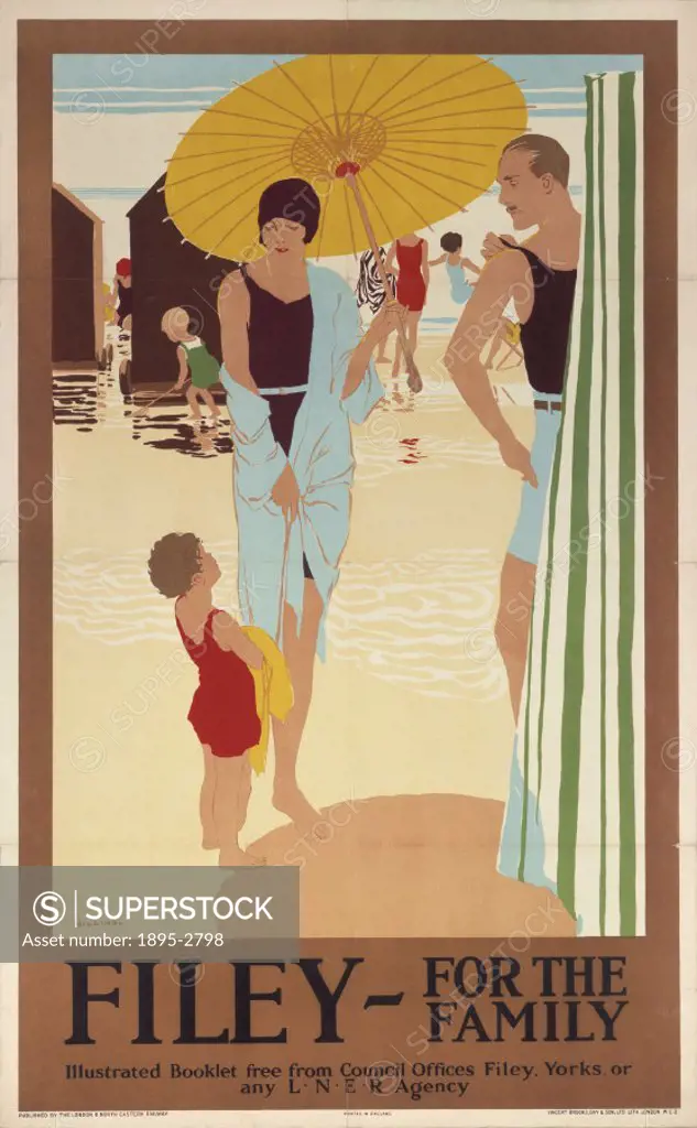 Poster produced for the London & North Eastern Railway (LNER) to promote rail travel to the North Yorkshire seaside resort of Filey. The poster shows ...