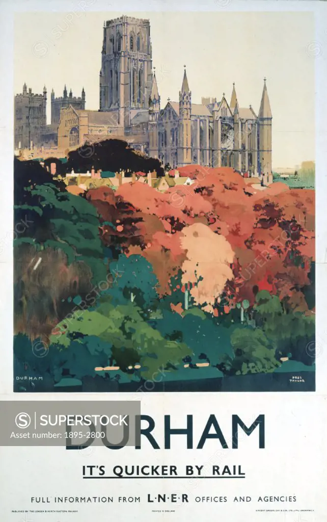 Poster produced for London & North Eastern Railway (LNER) to promote rail travel to the ancient city of Durham. Artwork by Fred Taylor (1875-1963), wh...