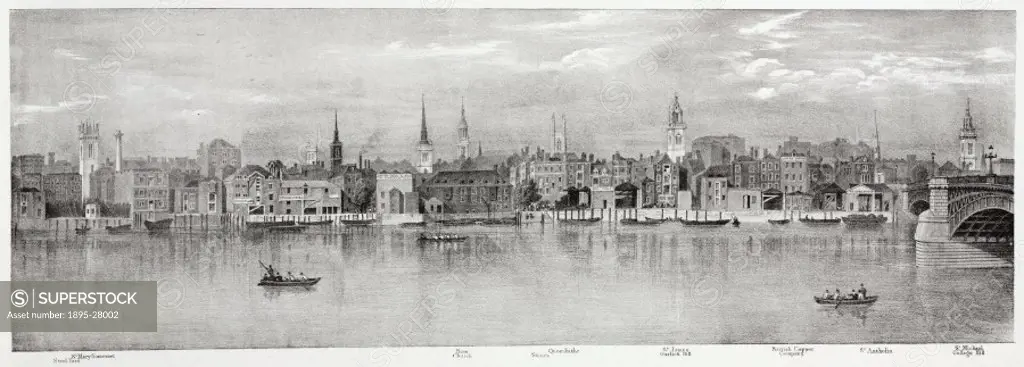 Lithographic sketch by T M Baynes after a drawing from nature by the same, showing the buildings and places along the River Thames from the Steel Yard...