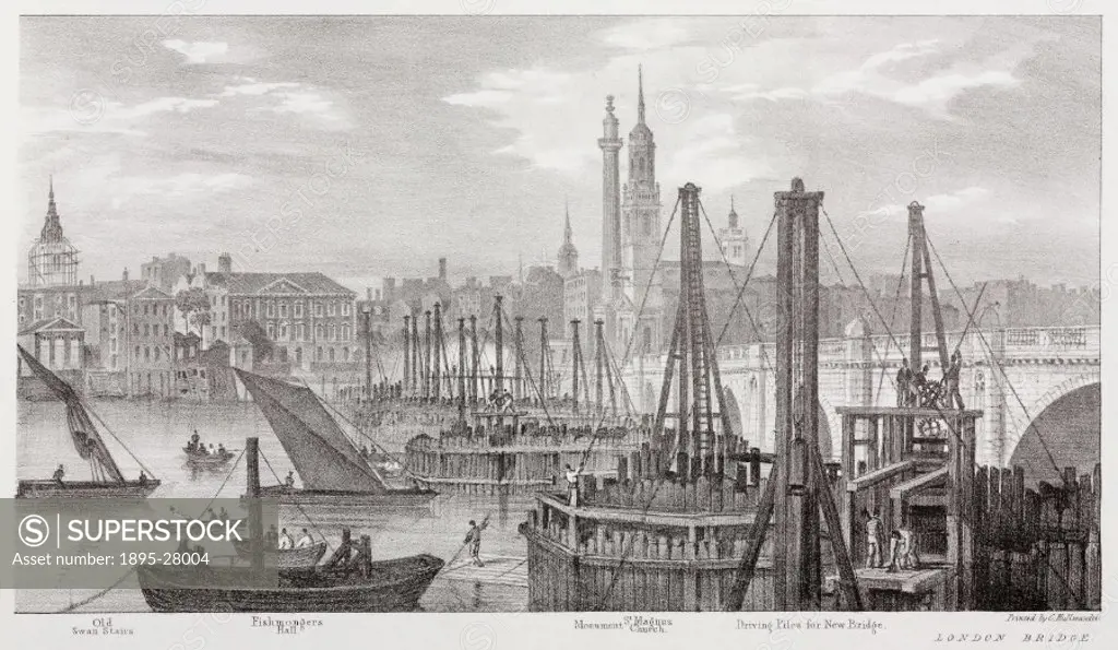 Lithographic sketch showing the buildings and other landmarks along the River Thames from Old Swan Stairs to London Bridge including Fishmonger Hall, ...