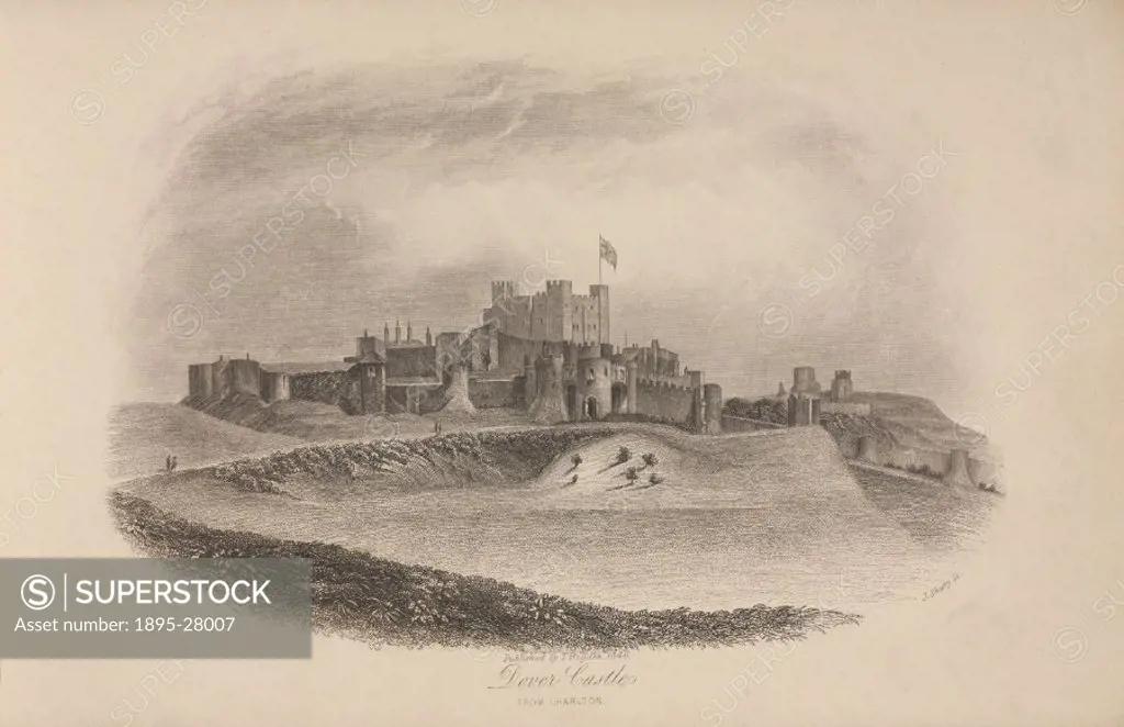 One of six engravings by J Shury after drawings by Dillon, showing a view of the exterior and grounds of Dover Castle as seen from Charlton. Published...