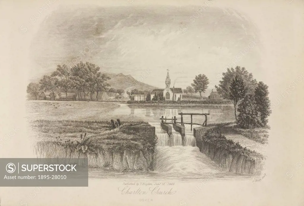 One of six engravings by J Shury after drawings by Dillon, showing Charlton Church on the far side of a river with a weir in the foreground. Published...