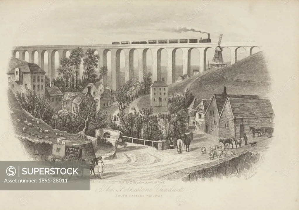 One of six engravings by J Shury after drawings by Dillon, showing a view of the South Eastern Railway with a train passing over the viaduct next to a...