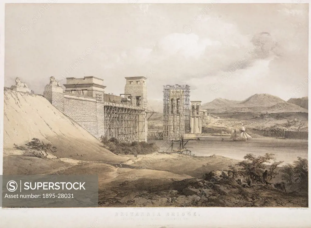 Lithograph by G Hawkins after his own drawing, showing a general view of the works in September 1848. The bridge was designed by Robert Stephenson (18...