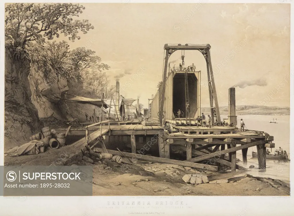 Lithograph by G Hawkins after his own drawing, showing the platform and the construction of the tubes in September 1848. The bridge was designed by Ro...