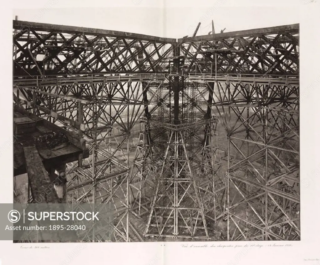General view showing the framework, taken from the first storey. Gustave Eiffel (1832-1923) designed the world-famous tower, built for the Internation...