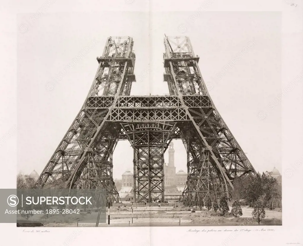 General view showing the central scaffolding and the beginnings of the second level. Eiffel (1832-1923) designed the world-famous tower, built for the...