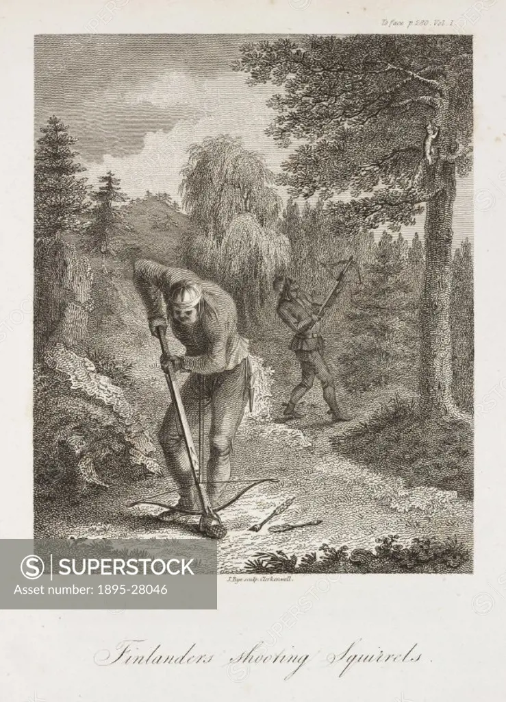 Engraving by J Bye of Finnish men using crossbows to hunt squirrels, from Travels through Sweden, Finland and Lapland to the North Cape, in the years...