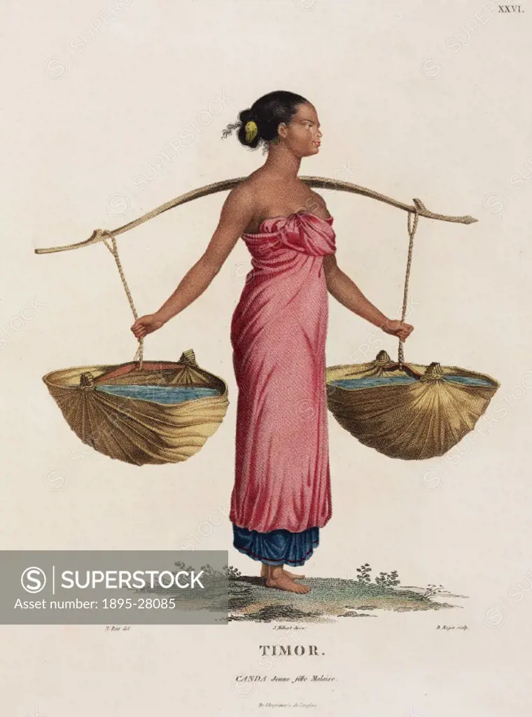 Engraving by Roger after Petit of a woman using a yoke to carry water. Illustration from part of Voyage de decouvertes aux terres Australes, execute ...