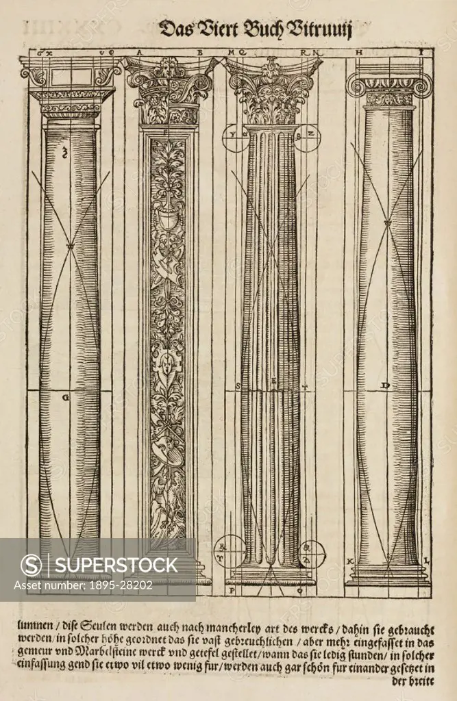 Woodcut by Peter Flotner from ´Vitruvius Teutsch´, the first German translation of De architectura’ (Of architecture) by the Roman architect and engi...