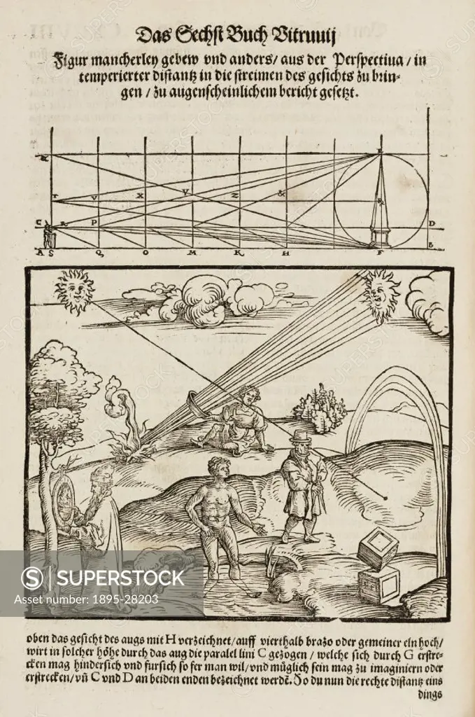 Perspective and the use of lenses, 1548.Woodcut by Peter Flotner from ´Vitruvius Teutsch´, the first German translation of De architectura’ (Of archi...