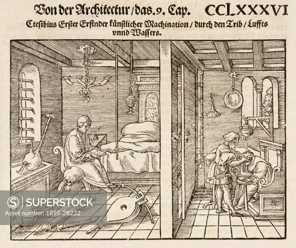 Woodcut by Peter Flotner showing a man reading in a room containing musical instruments, while next door another man is washing someones hair. Illust...
