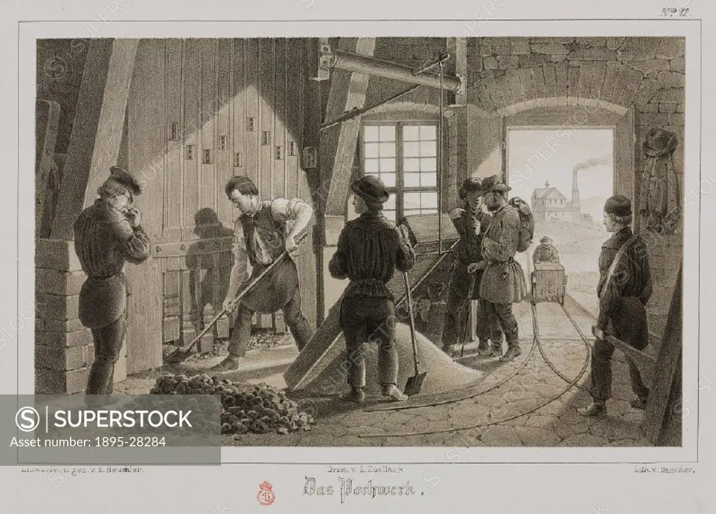 Metalworkers crush the ore to achieve the necessary refinement before further processing. The man with a rucksack is possibly a tourist visiting the m...