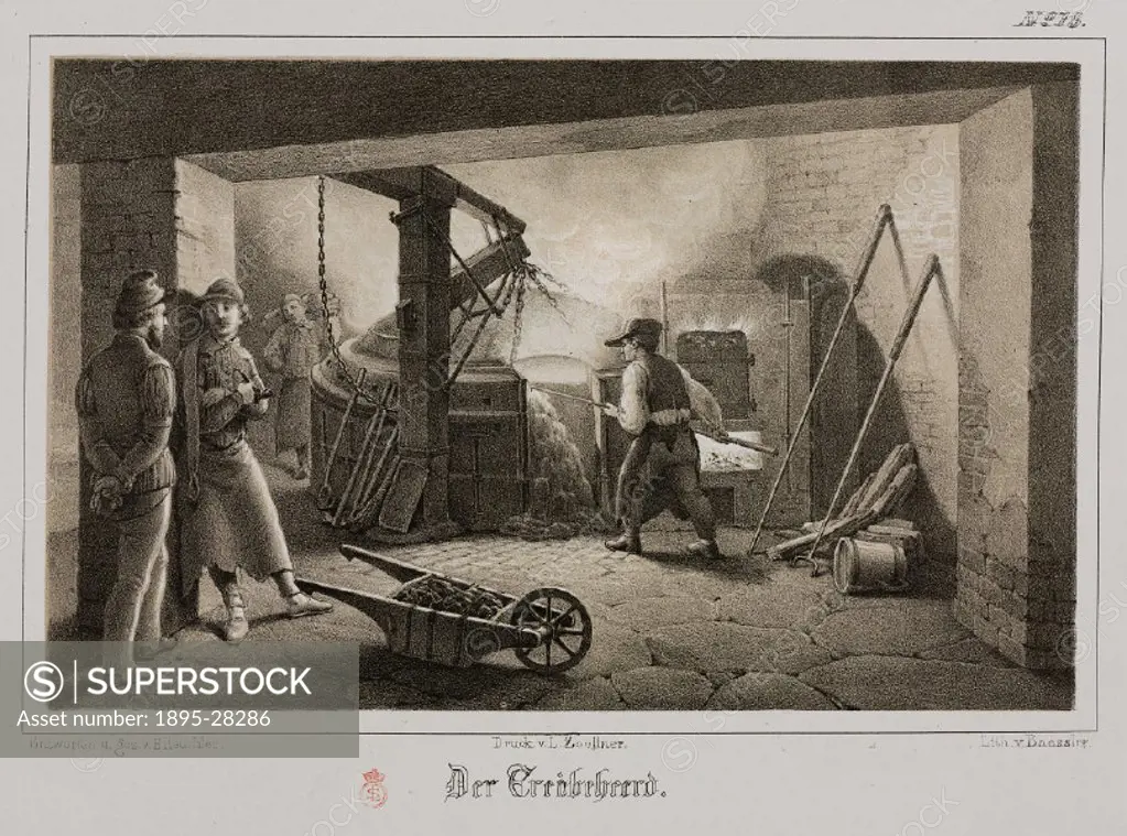 Metalworkers processing ore, in the foreground is a barrow for transporting the ore. Illustration from Album für Freunde des Bergbaus: vierzehn Bilde...