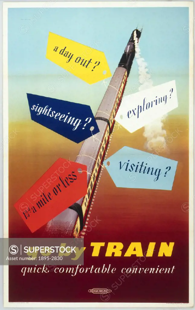 Poster produced for British Railways (BR) to advertise their services. Illustrated with train travelling in the air and brightly coloured tags attache...