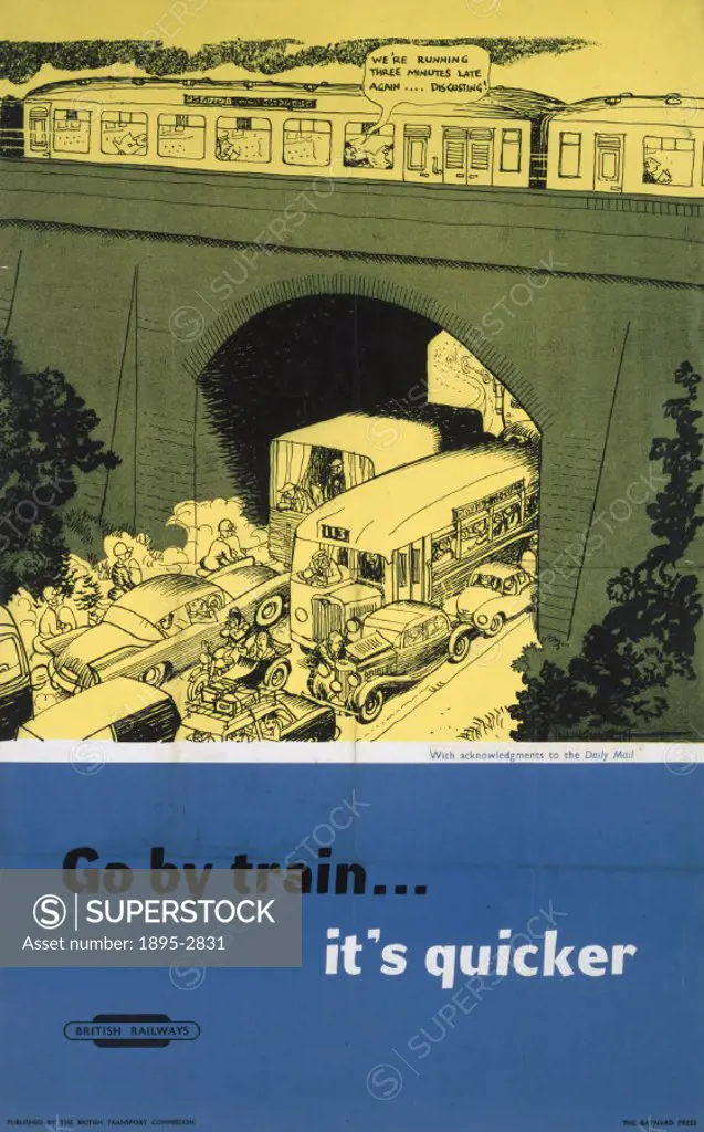 Poster produced for British Railways (BR) to promote the advantages of travelling by train. The poster shows a train passing over a railway bridge wit...