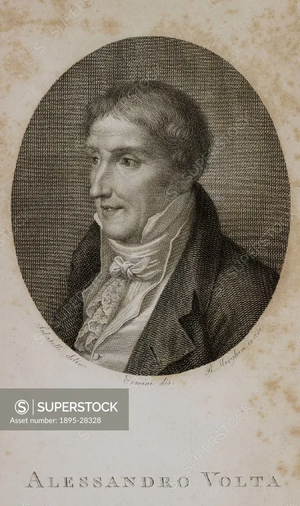 Engraved portrait of Volta from the frontispiece to the first volume of his Collezione dell´ opere del cavaliere Conte Alessandro Volta’, published i...