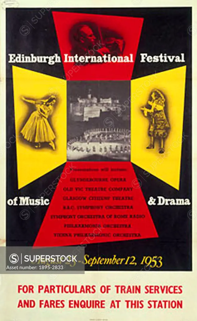 Poster promoting train services to the Edinburgh International Festival of Music &  Drama, 23 August -12 September 1953.